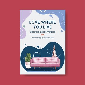 Poster template with luxury furniture concept design marketing and ads watercolor vector illustration