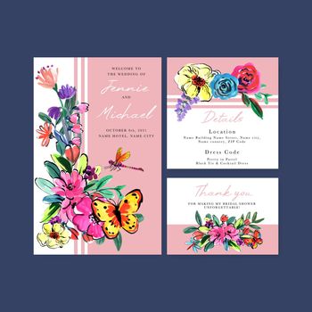 Wedding card template with brush florals concept design for invitation and marry watercolor vector illustration