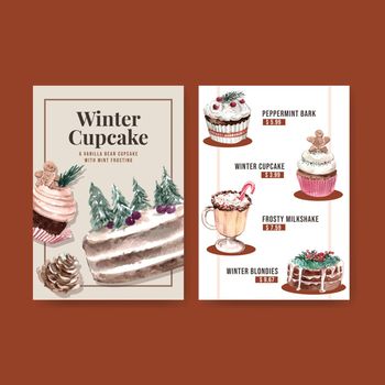 Menu template with winter sweets concept design for restaurant and bistro watercolor vector illustration