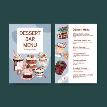 Menu template with winter sweets concept design for restaurant and bistro watercolor vector illustration