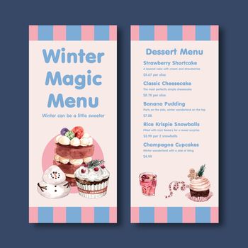 Small menu template with winter sweets concept design for restaurant and bistro watercolor vector illustration