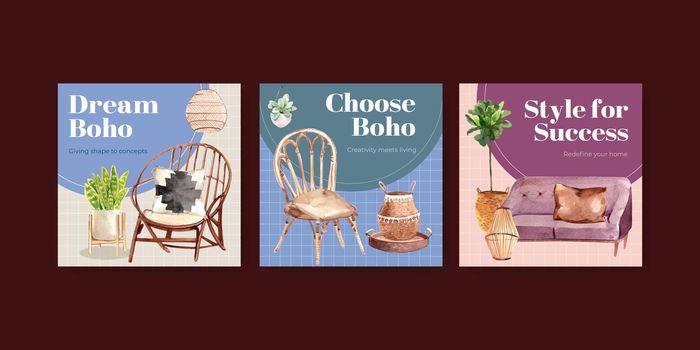 Advertise template with boho furniture concept design for marketing watercolor vector illustration