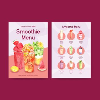 Menu template with fruits smoothies concept design for bistro and restaurant watercolor vector illustration