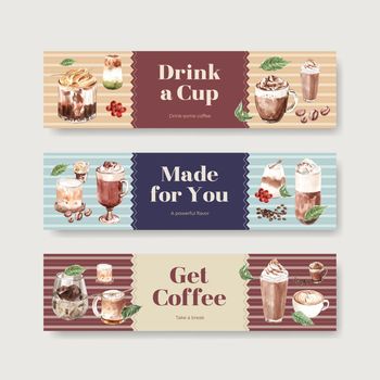 Banner template with Korean coffee style concept for advertise and marketing watercolor vector illustration