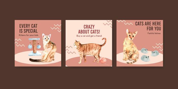 Advertise template design with  cat for leaflet and marketing watercolor illustration