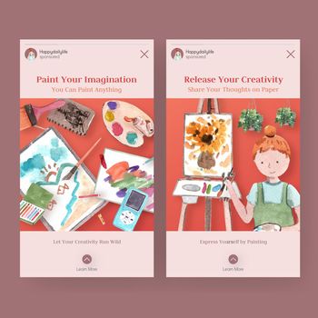 Instagram template with daily life design for advertise and marketing online watercolor illustration