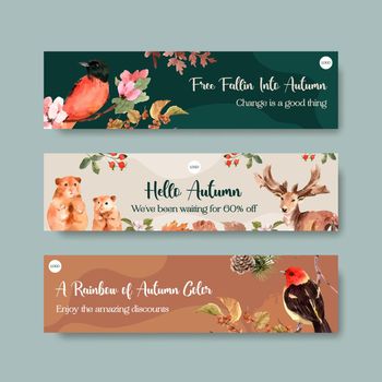 Banner template with autumn forest and animals concept design for brochure and marketing watercolor vector Illustrations.