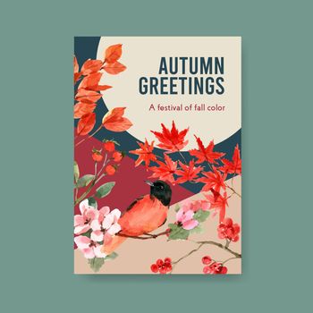 Poster template with autumn forest and animals concept design for advertise and marketing watercolor vector Illustrations.