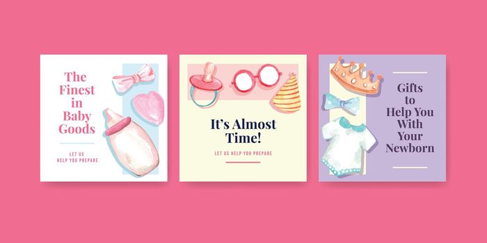 Ads template with baby shower design concept for advertise and brochure watercolor vector illustration.