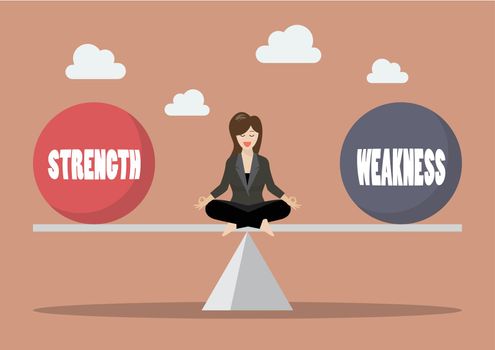 Business woman balancing between strength and weakness