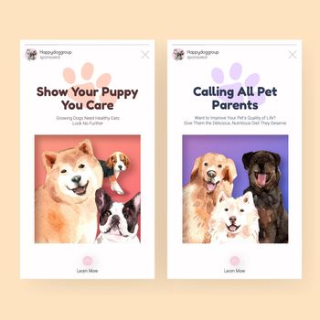 Instagram template with dogs design for social media and online community watercolor illustration 