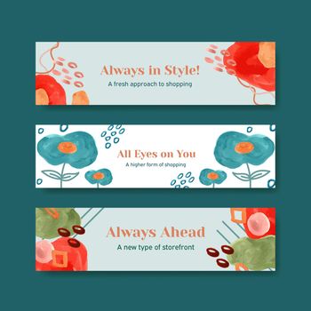 Banner template with shopping design for leaflet and marketing watercolor illustration 
