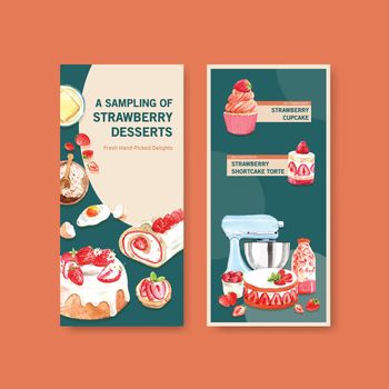 Strawberry baking flyer template design for brocure,leaflet and advertise watercolor illustration 