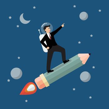 Businessman astronaut on pencil rocket