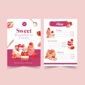 Menu template with strawberry baking design for restaurant,cafe,bistro and food shop watercolor illustration