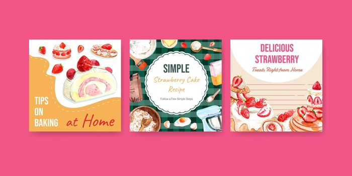 Advertise template with strawberry baking design for brochure,information,leaflet and booklet watercolor illustration 