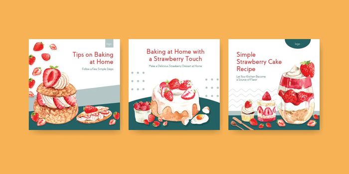 Advertise template with strawberry baking design for brochure,information,leaflet and booklet watercolor illustration