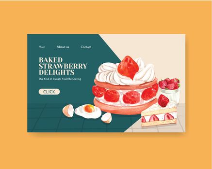 website template with strawberry baking design for internet,online community and advertise watercolor illustration 