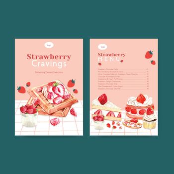 Menu template with strawberry baking design for restaurant,cafe,bistro and food shop watercolor illustration 