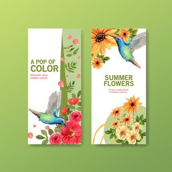 Summer flower flyer template design for brochure,leaflet and advertise watercolor vector illustration