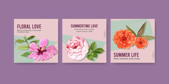 Advertise template with summer flower design for promotion,brochure and leaflet watercolor vector illustration