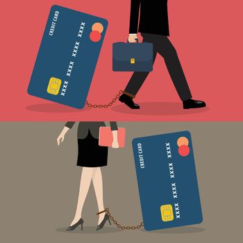 Business man and business woman with credit card burden