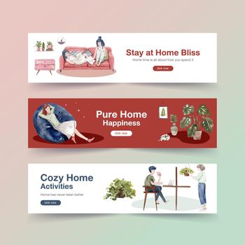 stay at home banner concept with people character make activity  illustration watercolor design