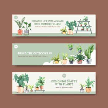 Summer plants banner template design brochure,leaflet,advertise and booklet watercolor illustration 