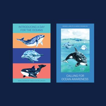Ebook template design for World Oceans Day concept with marine animals watercolor vector