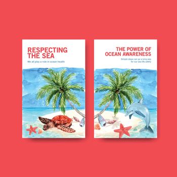 Ebook template design for World Oceans Day concept with marine animals watercolor vector