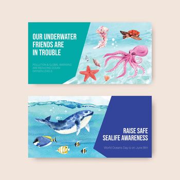 Twitter template design for World Oceans Day concept with marine animals watercolor vector