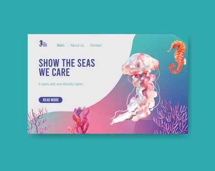 Website template design for World Oceans Day concept with marine animals watercolor vector
