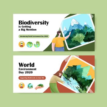 Billboard template design for World Environment Day.Save Earth Planet World Concept with ecology friendly watercolor vector