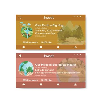 Twitter template design for World Environment Day.Save Earth Planet World Concept  watercolor vector