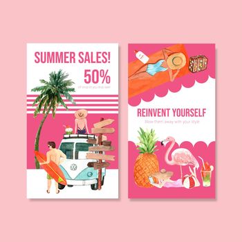 Instagram summer template design for vacation and holiday travel watercolor illustration 