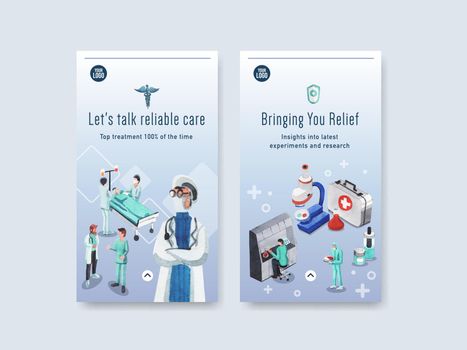 healthcare instagram template design with Medical equipment and medical staff and highly technological devices doctors and patients watercolor illustration
