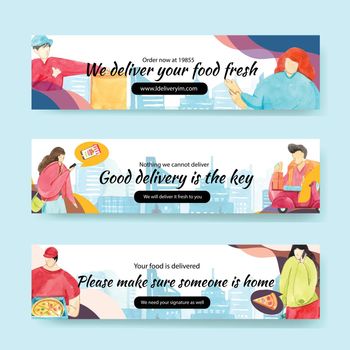 Delivery banner design with food,vegetable,transportation and logistic watercolor illustration.