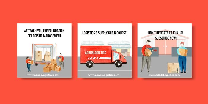 Ads design with watercolor painting of truck, box, warehouse illustration.