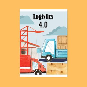 Logistics poster design with truck, box watercolor illustration.  