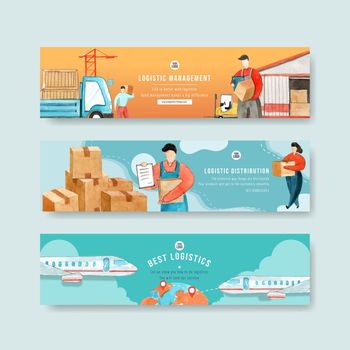 Logistics banner design with watercolor painting of truck, box, plane illustration. 