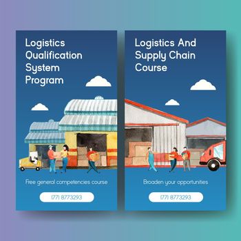 Logistics Instagram design template with warehouse, forklift watercolor illustration.