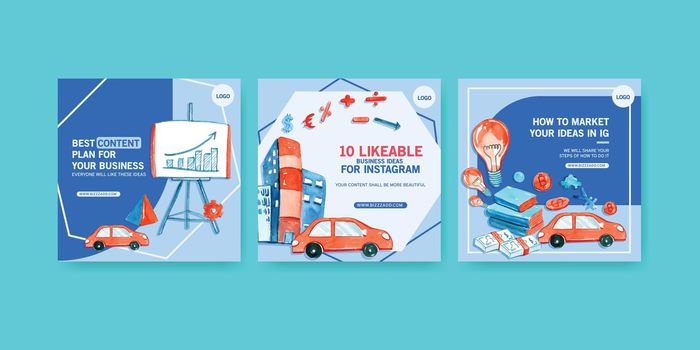 Business ads design with colorful car, building, creative  watercolor illustration.  