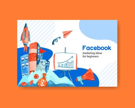 Business FB social media design with watercolor painting of rocket, building illustration.