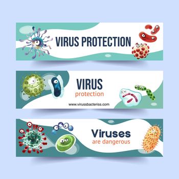Cartoon virus banner design with bacillus watercolor illustration. 