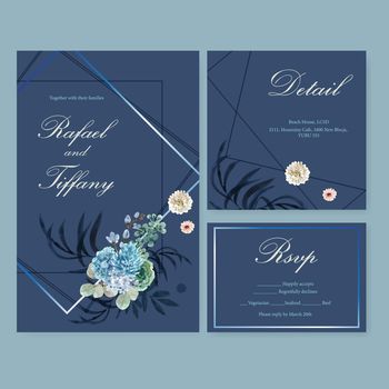 Floral ember glow wedding card design with hydrangea, succulent watercolor illustration. 