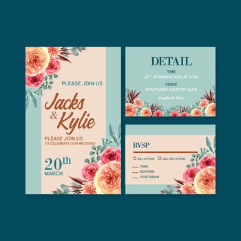 Retro style wedding card design with flowers and leaves watercolor illustration.