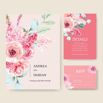 Wedding card design with vintage floral, creative watercolor peony, rose illustration.