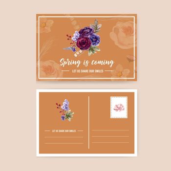 Floral wine postcard design with rose, peony, anemone watercolor illustration.