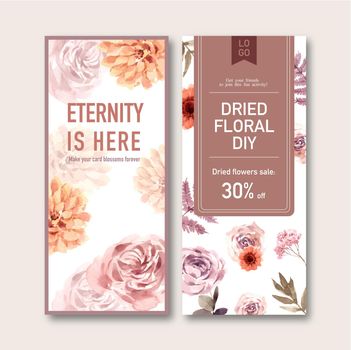 Dried floral flyer design with rose, anemone, fern leaves watercolor illustration.