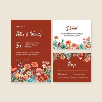 Floral ember glow wedding card design with Petunia, anemone watercolor  illustration. 